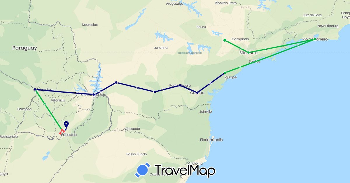 TravelMap itinerary: driving, bus, hiking in Brazil, Paraguay (South America)